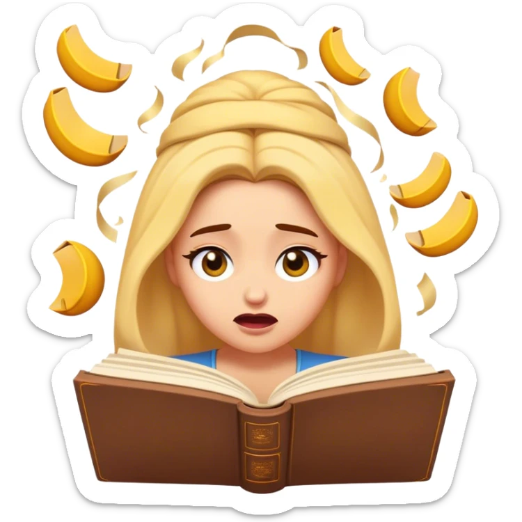 Cinematic Funny Belle Portrait Emoji, Looking exasperated as a book lands on her head, one eye twitching, caught in a hilariously relatable moment of book-lover clumsiness! sticker