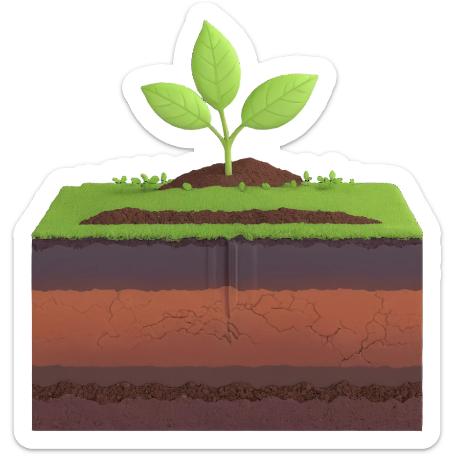 A fresh green leaf resting on the surface of a cross-section of the Earth, where soil and underground layers are visible beneath. Natural lighting, realistic textures. sticker