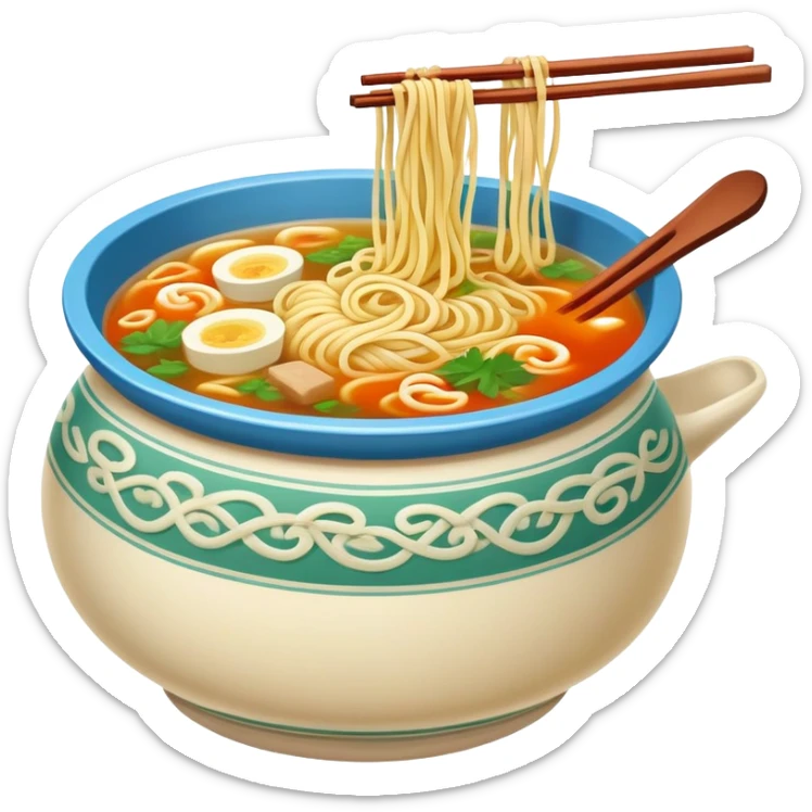 Yunnan Crossing the Bridge Noodles with raw ingredients and hot broth in special pot, simplified emoji style with bold outlines and bright colors, cartoon style unique serving method sticker