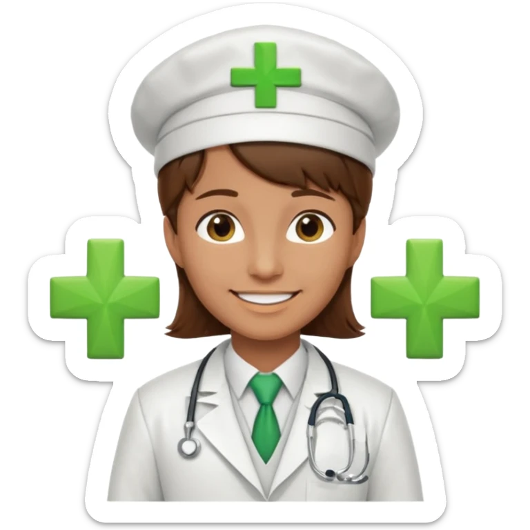 a doctor in white suit with a doctor hat with green cross brown hair sticker