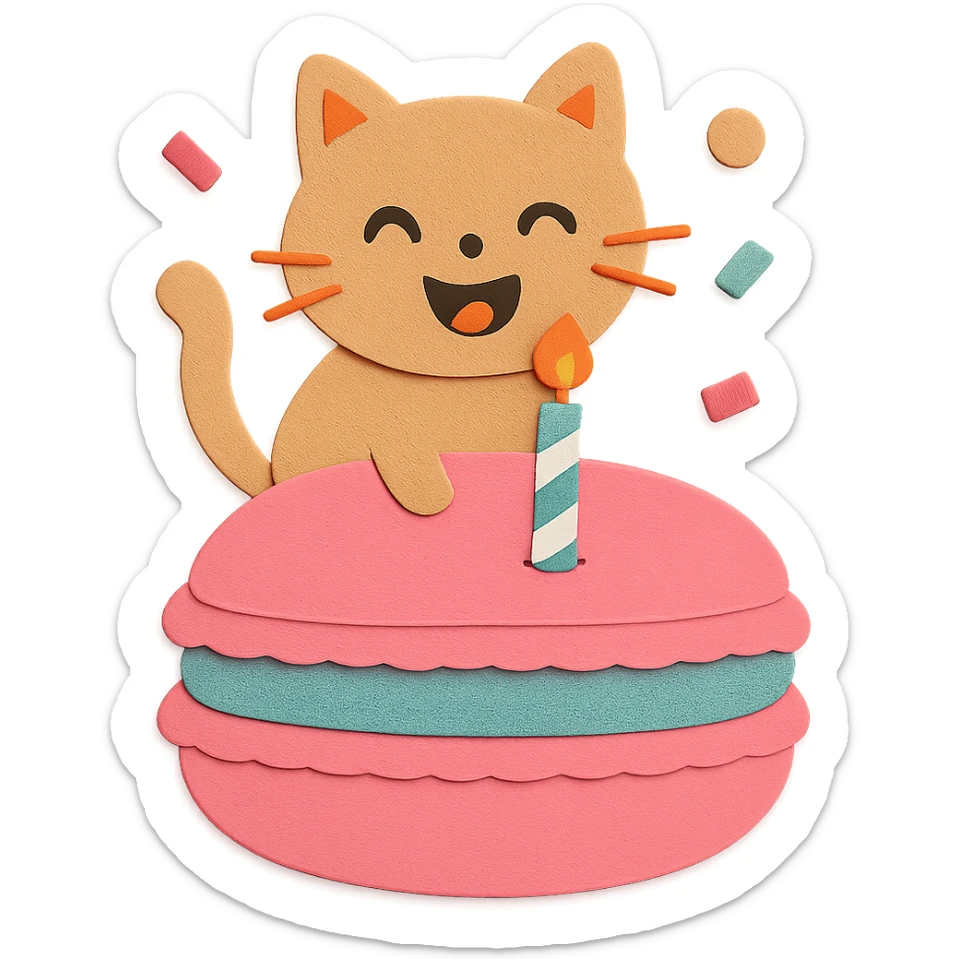 Change the cat to have a laughing face, place 1 candle in the middle of the macaron, and add 3 confetti around it. Keep all other design elements unchanged, paper-craft style sticker