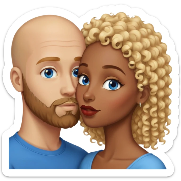 bald head man with brown eyes and beard kissing African woman with blue eyes and curly blonde hair sticker