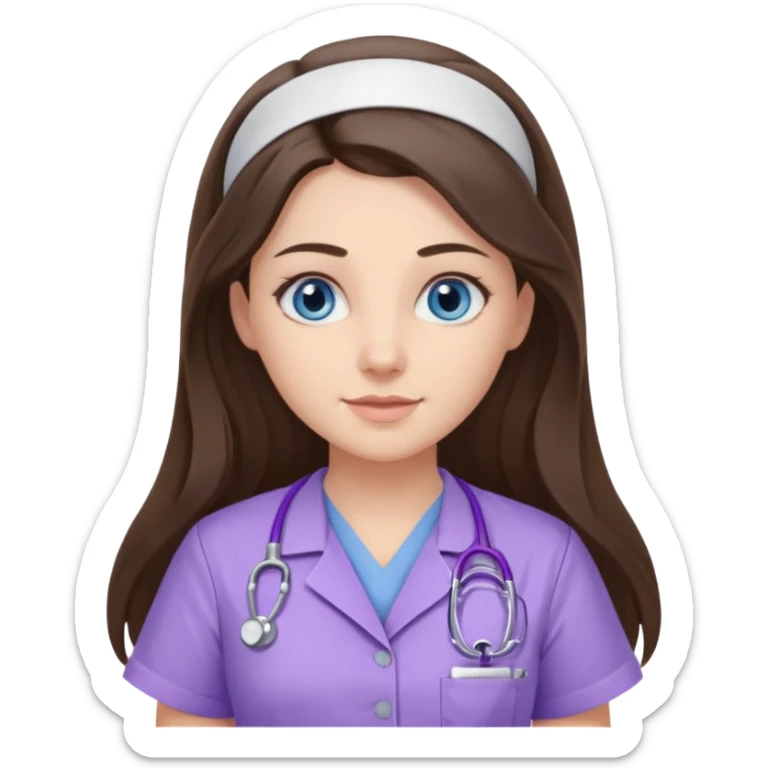 pretty brunette nurse with long hair and blue eyes in lilac scrubs sticker