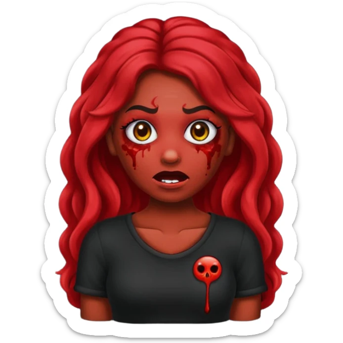 Faça me um emoji de um zumbi mulher de cabelos vermelho escuro longos ondulado usando uma blusa preta, faça no estilo iphone sticker