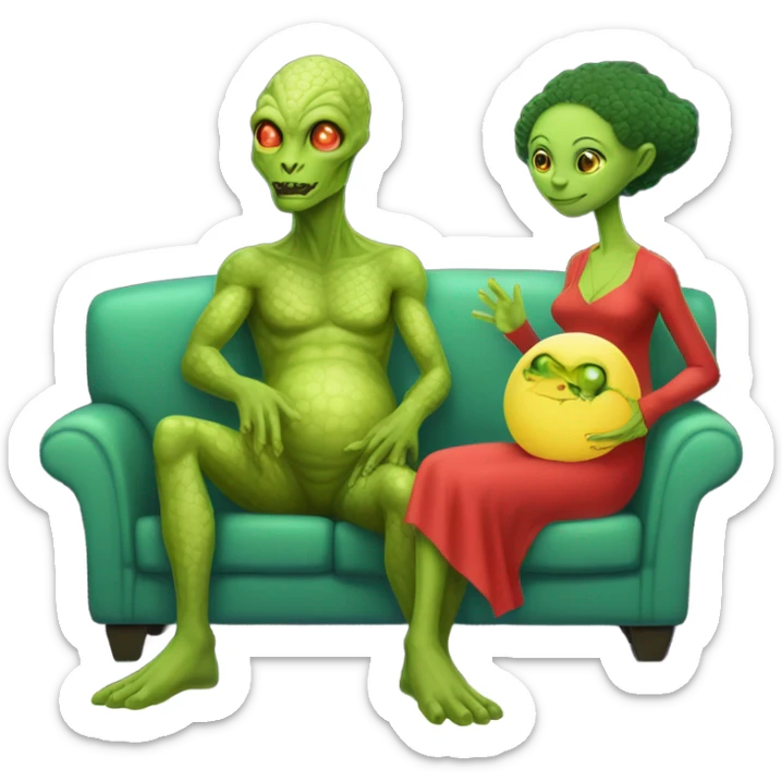 Hyper Realistic: reptilian alien woman in red dress,pregnant, sitting on a jellow couch, and human man white skin sticker