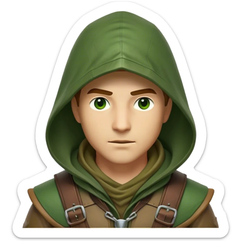 Clash of Clans aesthetic friendly Ranger Portrait Emoji, With a lean, agile build clad in earth-toned leather and green accents, a keen, focused gaze and a weathered hood shadowing determined eyes, his face rendered in a natural skin tone (not yellow), Simplified yet sharply defined features, highly detailed, glowing with a soft, natural woodland radiance, high shine, intelligent and resolute, stylized with an air of forest guardian authority, focused and alert, soft glowing outline, capturing the essence of a confident ranger ready to defend the wild with stealth and valor! sticker