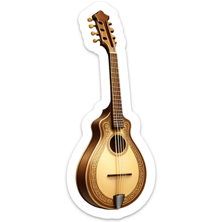 Bouzouki – Cinematic Realistic Bouzouki, depicted as a beautifully crafted Greek string instrument with a long neck and ornate fretwork, its polished wooden body reflecting warm golden light, set on a rustic background with soft shadows that evoke traditional Mediterranean music. sticker