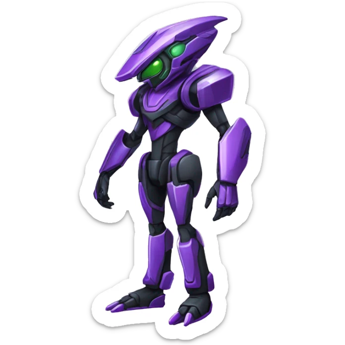 a shiny black-green-purple Genesect-Raptor-Fakémon-Medabot-hybrid with a futuristic visor-helmet full body sticker