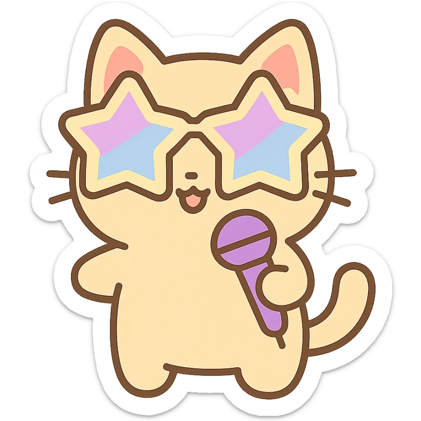 a kawaii cat with a star-shaped pair of sunglasses and a microphone, looking like a pop star sticker