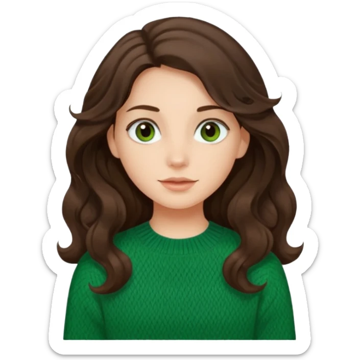Una chica güera con pelo ondulado, café oscuro, largo, ojos cafés oscuros y con suéter o camisa verde sticker
