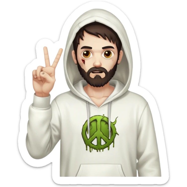 zombie with peace sign gesture wearing white hoodie, with dark brown hair and short full beard sticker