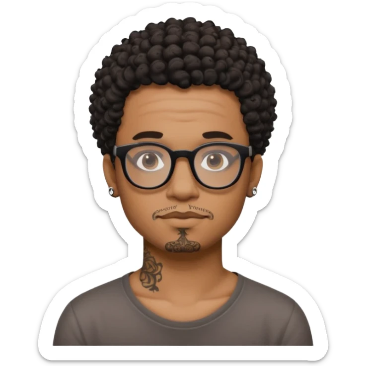 Black man emoji with short curly hair, black glasses, small neck tattoo, artistic and adventurous vibes sticker