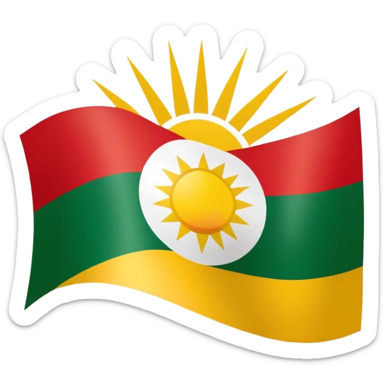 flag of Kurdistan with red, white and green horizontal stripes and a yellow sun symbol sticker