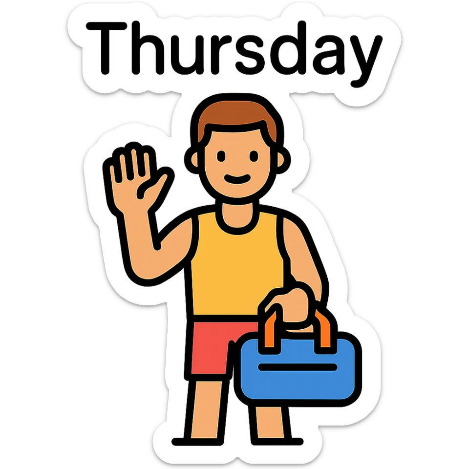a sportsman holding his gymbag waving his hand goodbye. The word Thursday is above the sportsman sticker