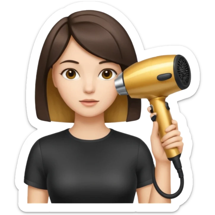 brunette bob girl hair stylist holding a golden hair dryer sticker