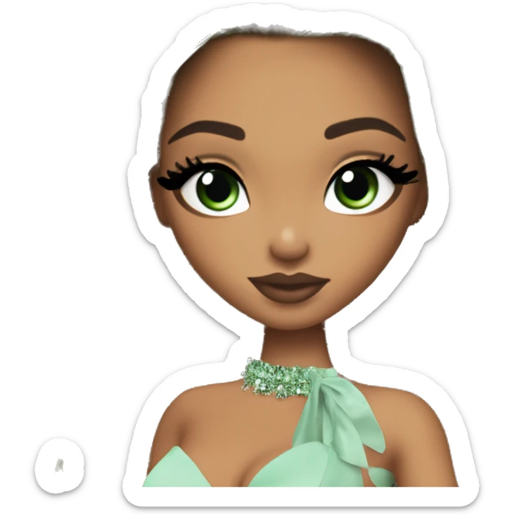 Bratz, club, cocktail dress, black balayage hair, half up half down hair, olive skin, green almond winged eyeliner with big lashes sticker
