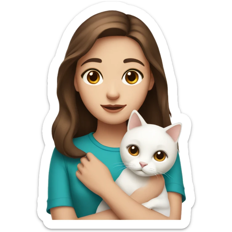 Girl with brown eyes and brown hair holding a white cat  sticker
