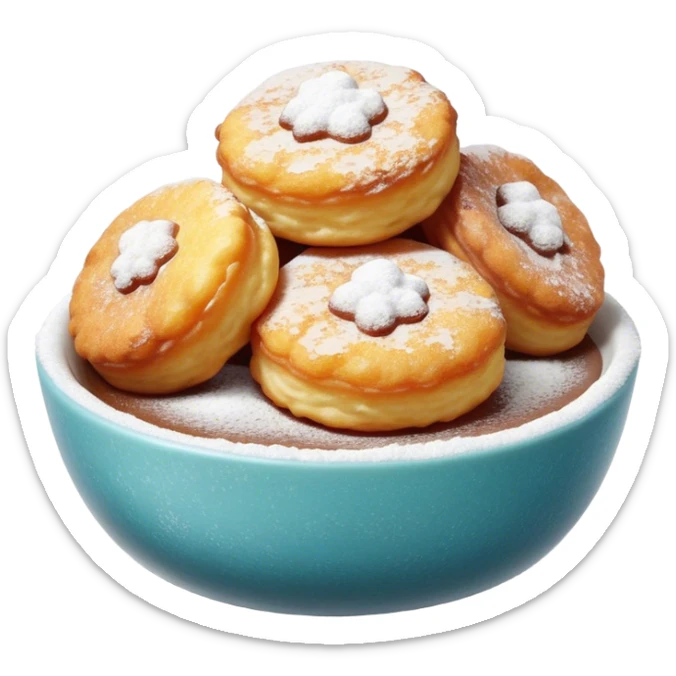 Buñuelo Cinematic Realistic Buñuelo Dessert Emoji, depicted as perfectly round, fluffy fritters served in a small bowl with a dusting of powdered sugar, rendered with vibrant textures and warm, inviting lighting. sticker