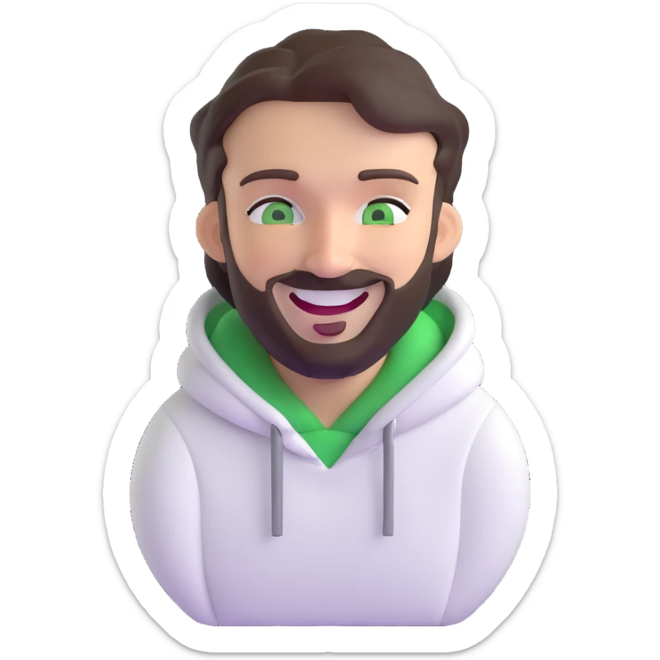 laughing guy with white hoodie, green eyes, dark brown hair and a short full beard sticker