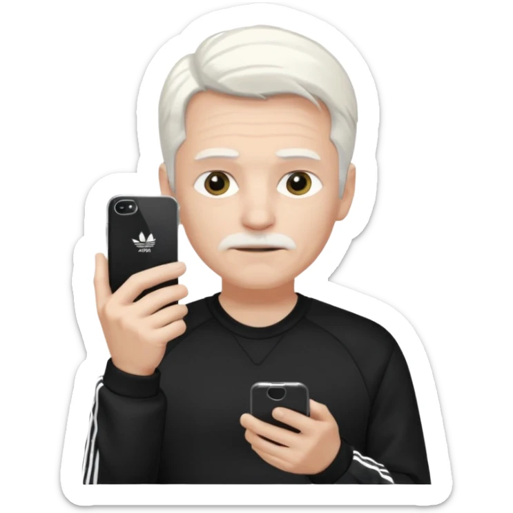Hombre blanco con cabello blanco ropa negra Adidas y un teléfono en la mano derecha viéndolo sticker