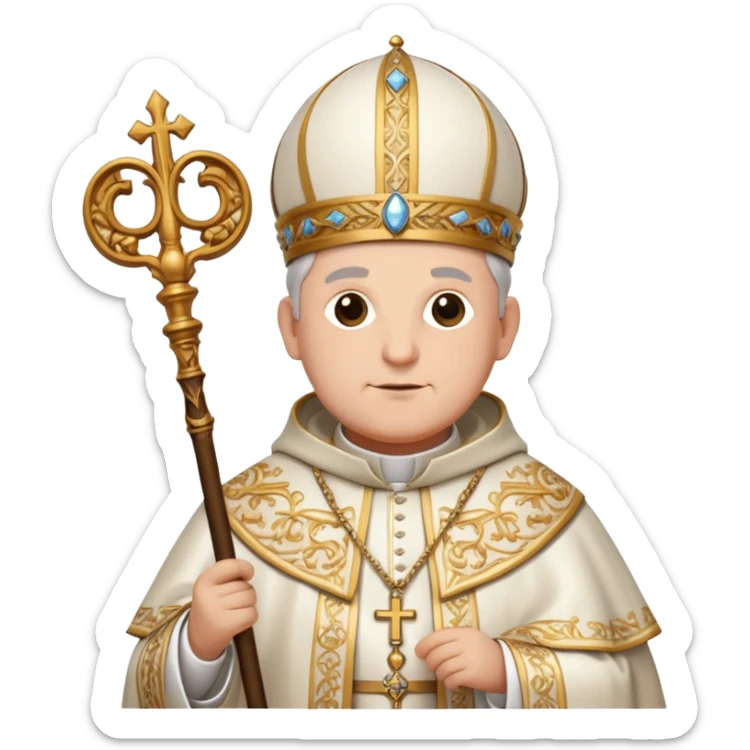 Portrait of Leo Gorskey in ornate pope clothing, holding a staff sticker