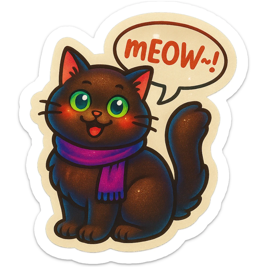 Fluffy cute silly smiling happy dark-brown cat with green eyes and a purple scarf saying ‘mEoW~!’ (With a speech bubble) sticker