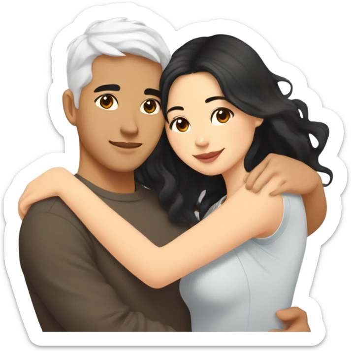 A half pale Asian man with short dark hair and amber eyes embracing and loving a half Asian woman with long wavy dark hair and dark hazel eyes. They love each other a lot And have good fashion taste and are hugging each other tight  sticker