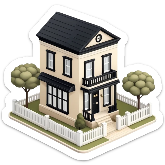 Isometric exterior little black, beige, and white townhouse, dollhouse style 3D realistic  sticker