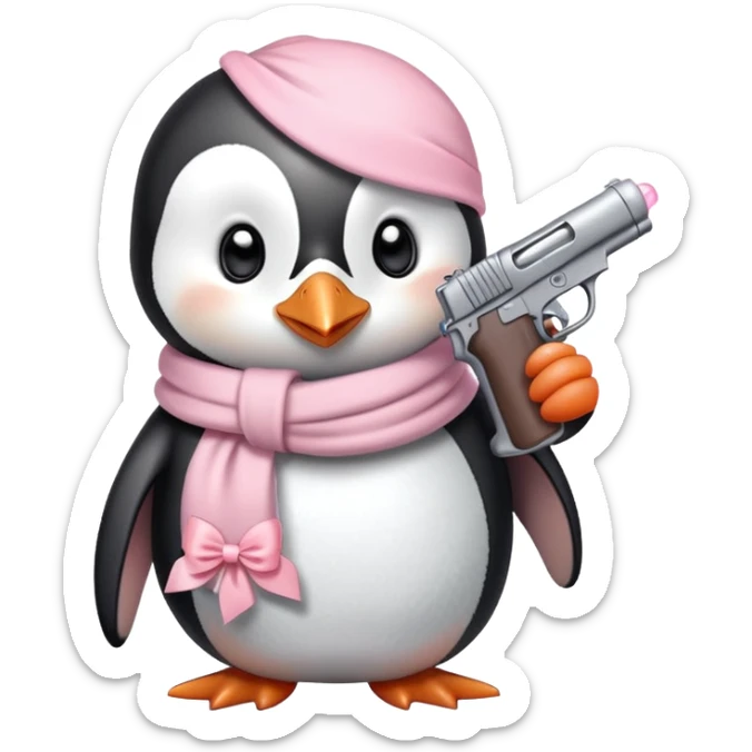 cute penguin wearing light pink bow scarf not on head and holding light pink gun  sticker