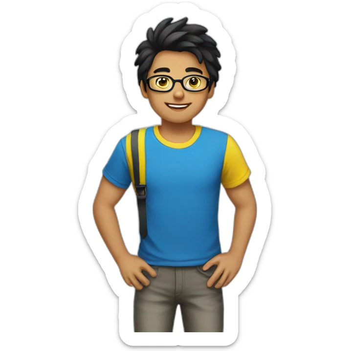 Boy with blue and yellow t-shirt and glasses and black hair sticker