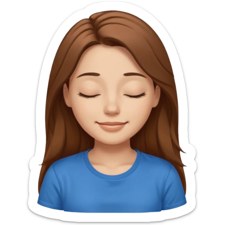 female face smiling with closed eyes with long brown hair and brown eyes in a blue t-shirt sticker