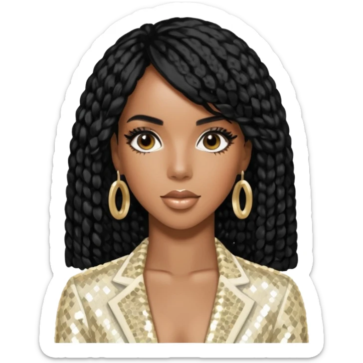 Kelly Rowland from Destiny's Child with black hair, ivory sequin outfit sticker