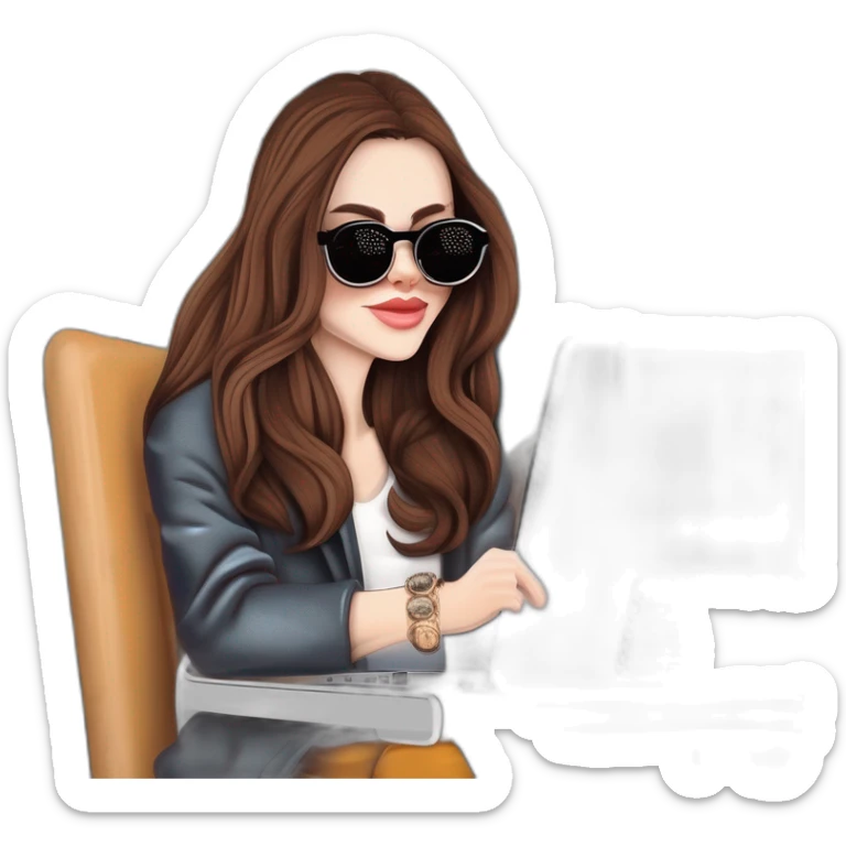 pale skin middle brown long hair woman with funny sunglasses and a laptop with a coffee sticker in it sticker