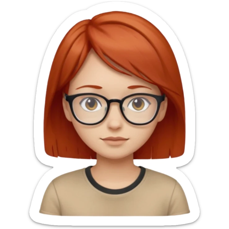 girl short-layer-red-hair wear beige T-shirt, wear glasses sticker