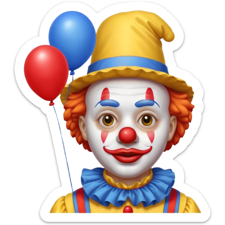 A clown who has a yellow hat, yellow clothes, blue neck ruffle, and a red balloon as his lips; sticker