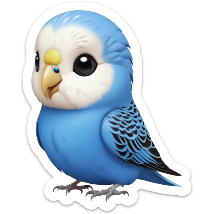 cinematic-cute-blue-budgie-portrait-emoji,-head-tilted-playfully-and-inquisitively,-featuring-a-brilliant-blue-feathered-fur-and white and black feathered face-with-a-natural-sheen,-round,-sparkling-dark-eyes-filled-with-curiosity,-simplified-yet-irresistibly-adorable sticker