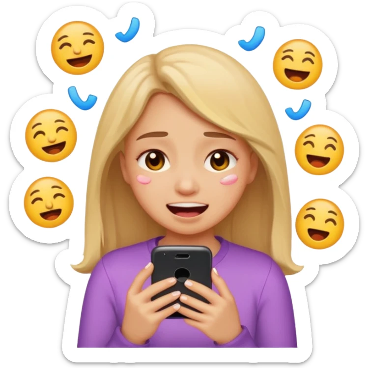 Girl crying laughing at a funny video on her phone. More emoji style. Less realistic sticker