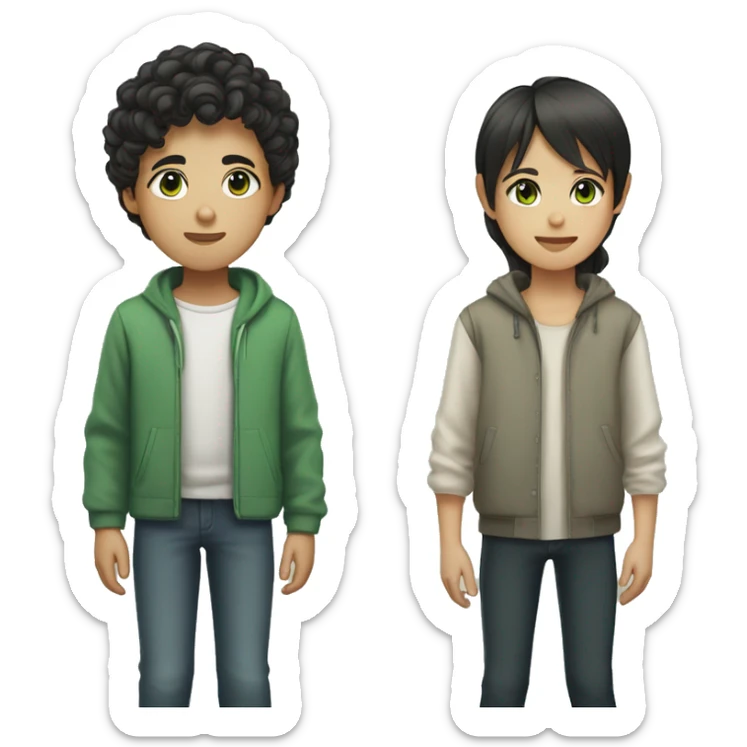 asian boy with short curly hair and brown eyes holding hand of girl with green eyes and dark long straight hair sticker