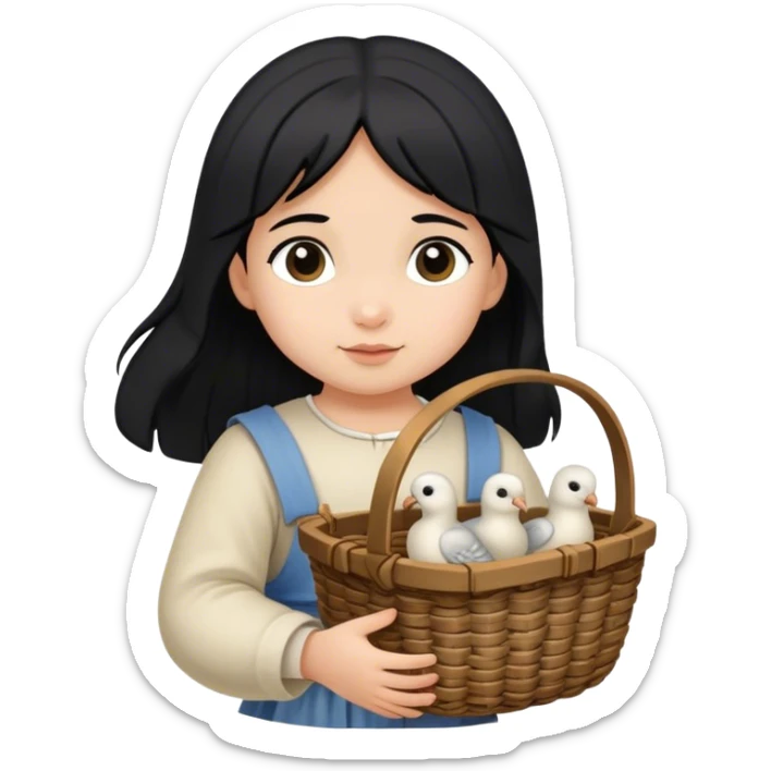toddler girl with black hair carrying wicker basket with turtledoves, medieval age sticker