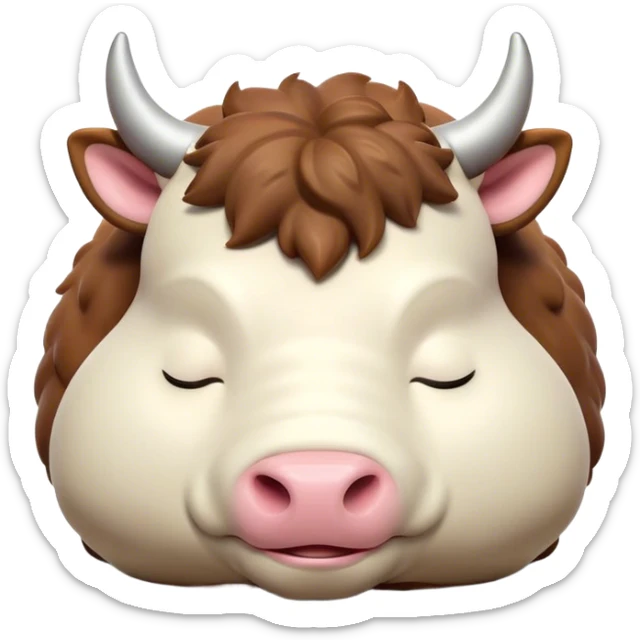 Meme-Worthy Cute Sleeping Domestic Ox Portrait Emoji, Head resting peacefully with a contented smile, showcasing a massive, sturdy build and a luxuriously soft hide, eyes gently closed in serene, restful slumber, Simplified yet hilariously adorable features, highly detailed, glowing with a soft, drowsy natural light, high shine, relaxed and utterly lovable, stylized with an air of playful laziness, soft glowing outline, capturing the essence of a sleeping ox that feels destined to become the next viral sensation of adorable rest! sticker