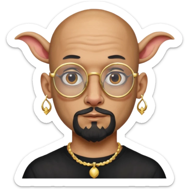 bald man with long goat beard and parti glasses and big gold ring earring and face tattoed sticker