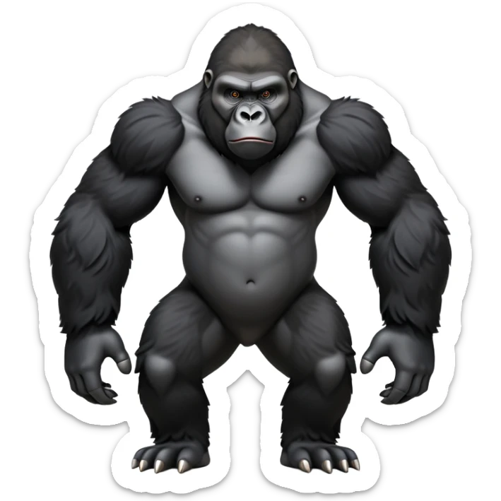 cinematic-gorilla-realistic-full-body-standing on all fours-emoji,-broad-and-powerful-frame-poised-with-confidence,-massive-arms-hanging-slightly-forward,-head-tilted-thoughtfully,-thick-black-fur,-deep-dark-eyes-full-of-intelligence,-simplified-yet-realistic sticker