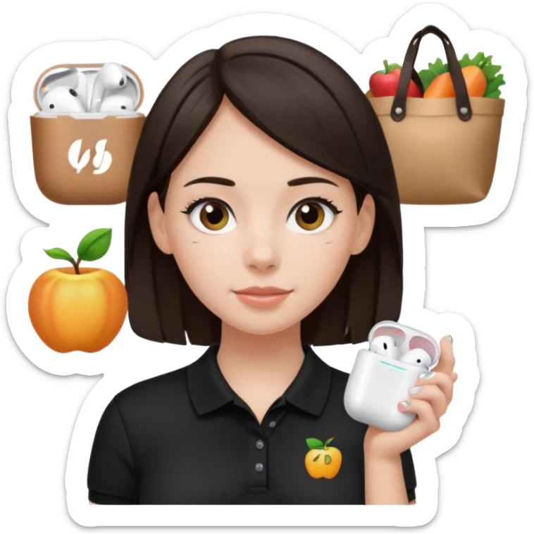 Girl with dark brown hair with airpods wearing a black wegmans grocery store polo sticker