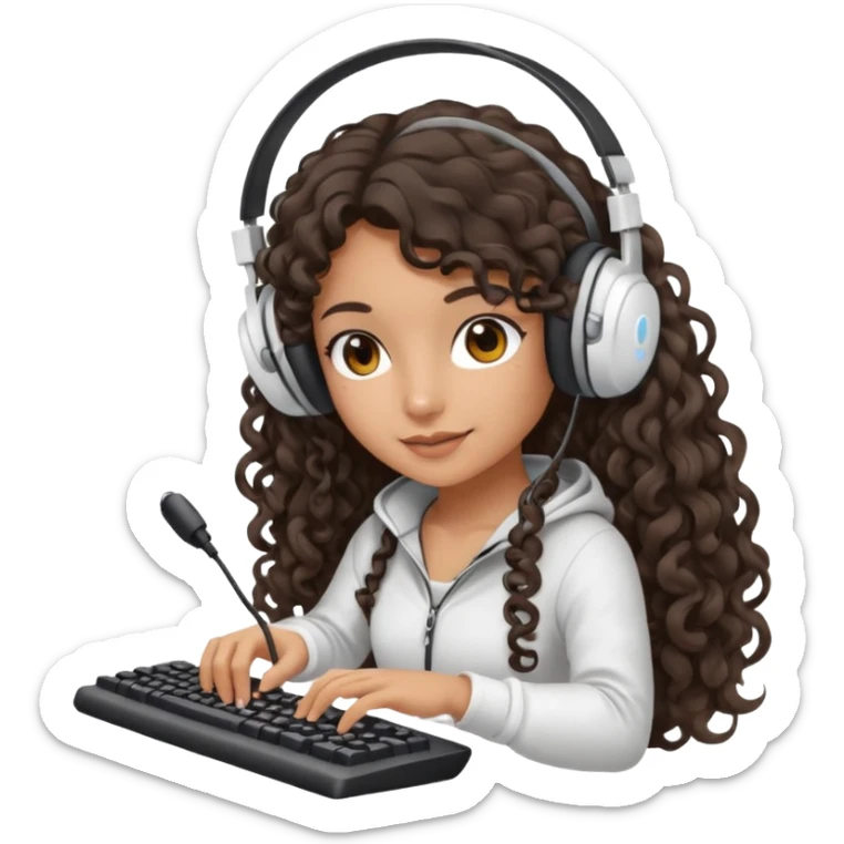 Spanish girl with long dark curly hair, wearing a white gaming headset and playing on keyboard with a gaming mouse in one hand sticker