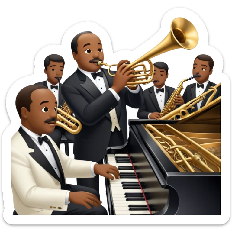 Icon for Jazz Music: Count Basie Orchestra, with Count Basie at the piano surrounded by jazz musicians playing instruments like saxophones, trumpets, and drums. Floating musical notes should capture the energetic and smooth vibe of big band jazz. Transparent background. sticker