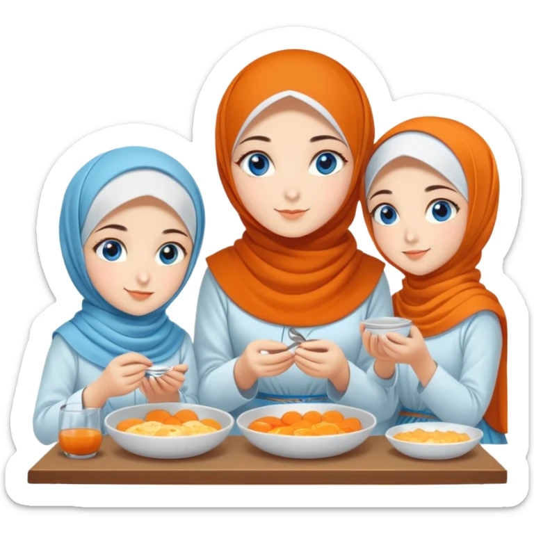 Four sister Turkish girls beautiful finish Konya blue eyes with orange blossom hijab and Islamic dress and make Breakfast sticker