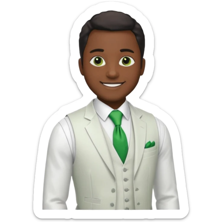 businessman, black skin, black eyes, white suit vest, green tie sticker