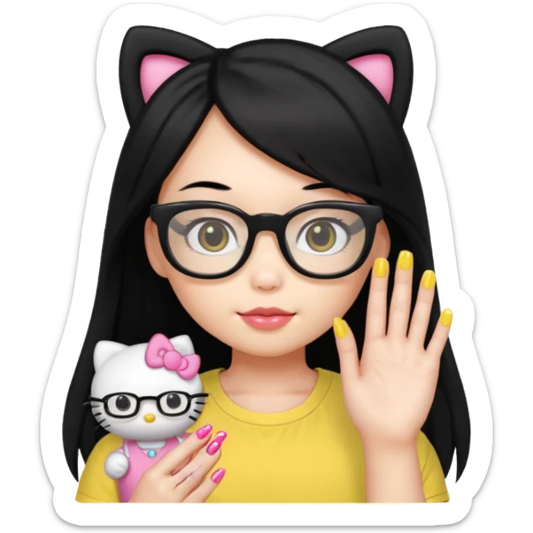 Nails cute with hello kitty wear glasses black long  hair wear, yellow shirt sticker