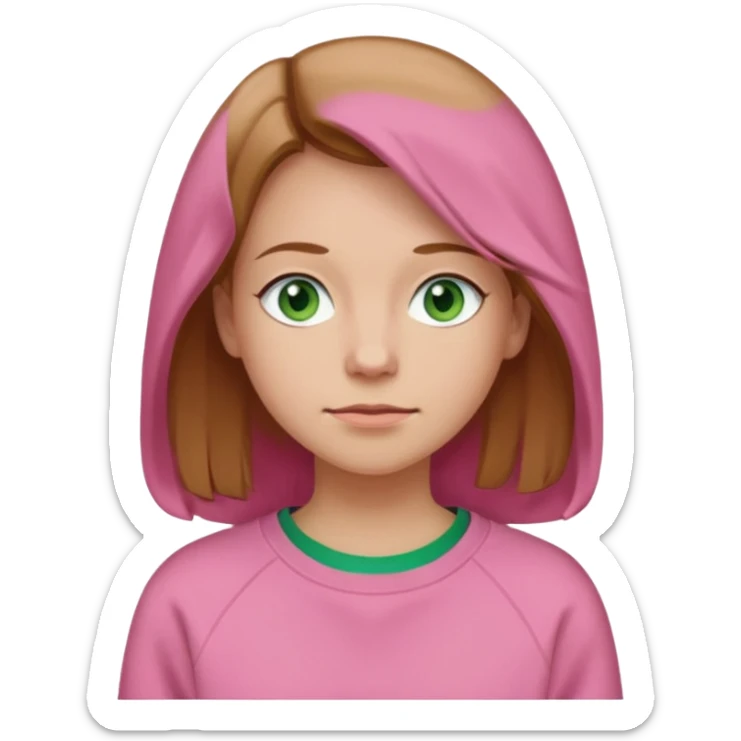  Una donna con una felpa semplice rosa, senza cappuccio. i capelli sono lunghi fino alle spalle marroni chiaro,gli occhi sono verdi e la bocca è contenta ma non sorride sticker