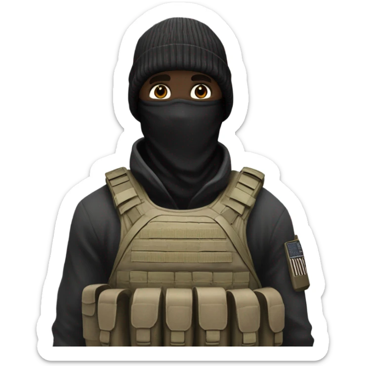 white male, pale skin, call of duty black face mask, camo tactical gear, combat boots, black beanie, hazel eyes, full body sticker